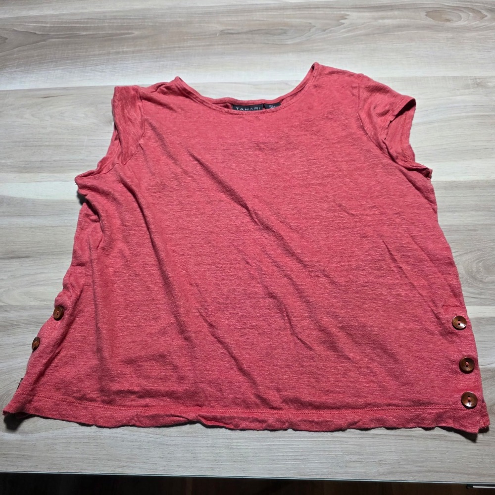 Tahari 100% Linen Top Women Large Short Sleeve Side Button Casual Summer Tee‎